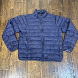 Eddie Bauer Mens Down Puffer Jacket Navy Blue Tall XL TXL Full Zip Quilted EUC